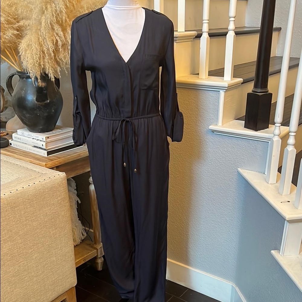 Bishop + Young Straight Leg Long Sleeve Blue Elastic Waist Jumpsuit Size Small